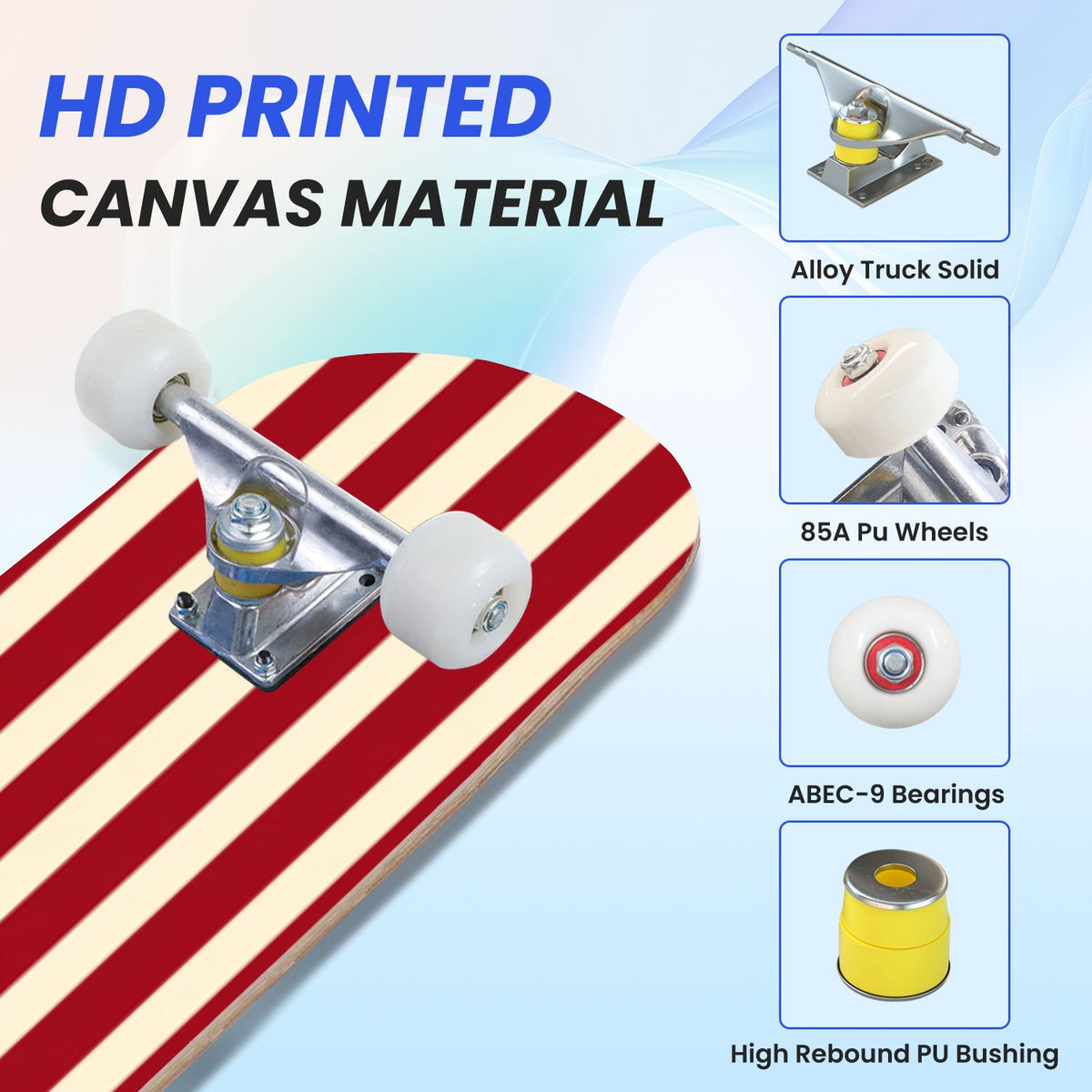31"x8" Complete Skateboards for Beginners, Red White Vertical Striped Retro Circus Double Kick 7 Ply Canadian Maple Deck Skateboard with Wheels, Gifts for Kids Teens