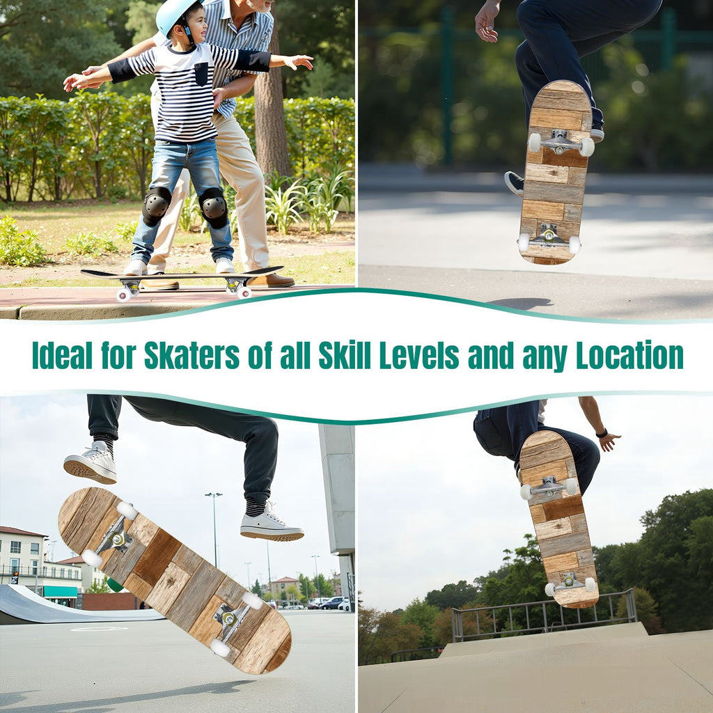 31"x8" Complete Skateboards for Beginners, Vintage Forest Woodland Large Trees Leaves River Cottage Double Kick 7 Ply Canadian Maple Deck Skateboard with Wheels, Gifts for Kids Teens