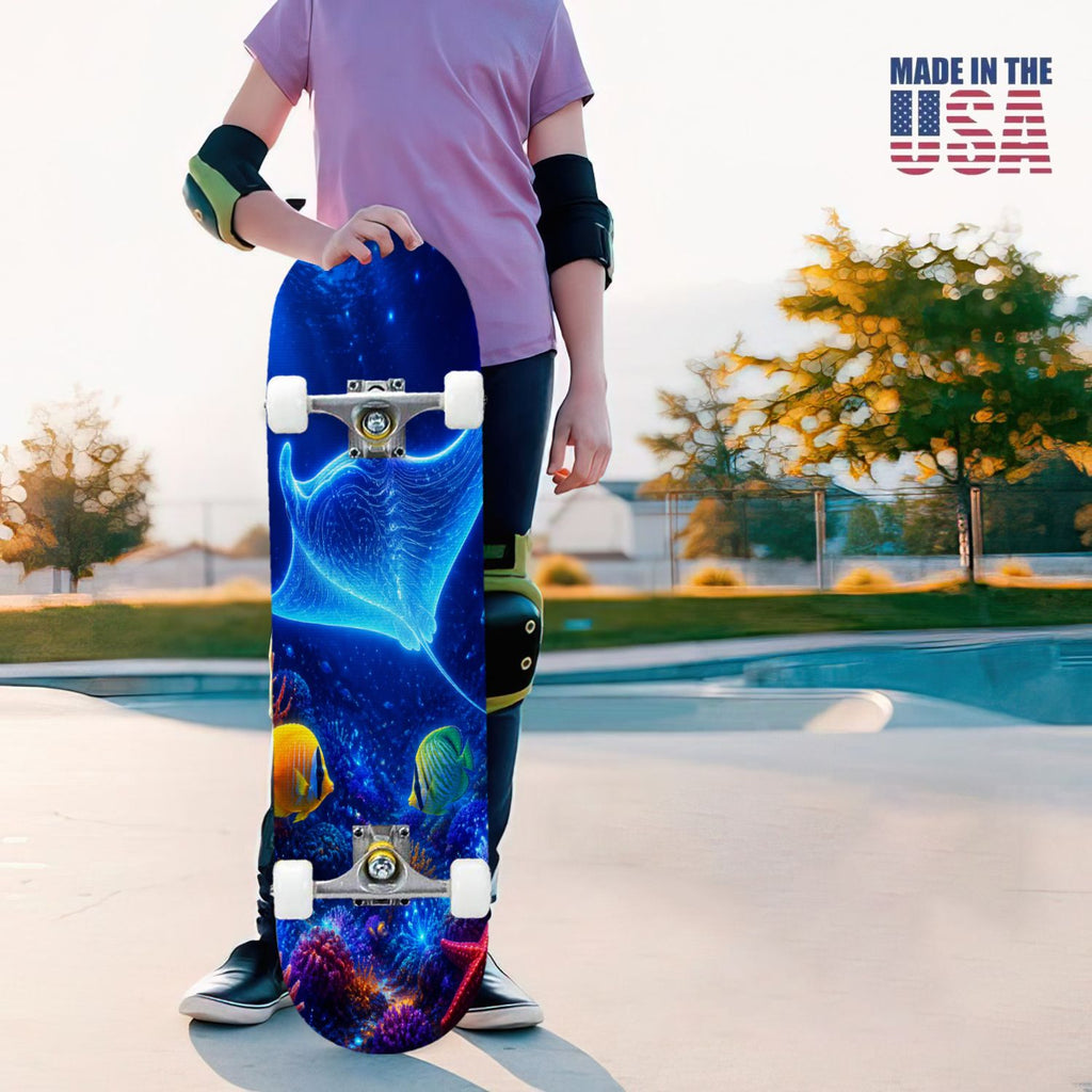 31"x8" Complete Skateboards for Beginners, Underwater Sharks Glowing Purple Jellyfish Marine Life Double Kick 7 Ply Canadian Maple Deck Skateboard with Wheels, Gifts for Kids Teens