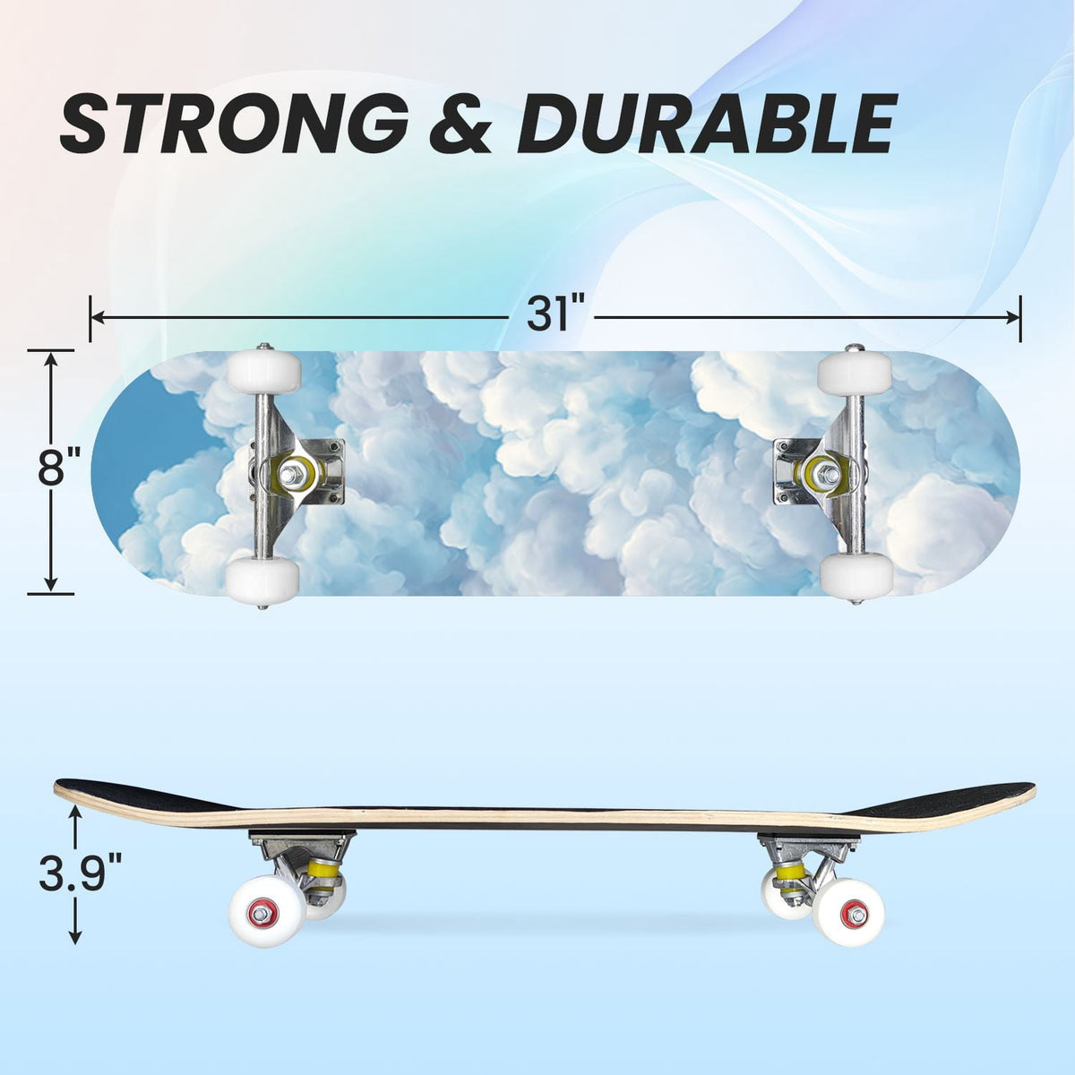 31"x8" Complete Skateboards for Beginners, Cute Light Blue Sky Cartoon Summer Decor Double Kick 7 Ply Canadian Maple Deck Skateboard with Wheels, Gifts for Kids Teens