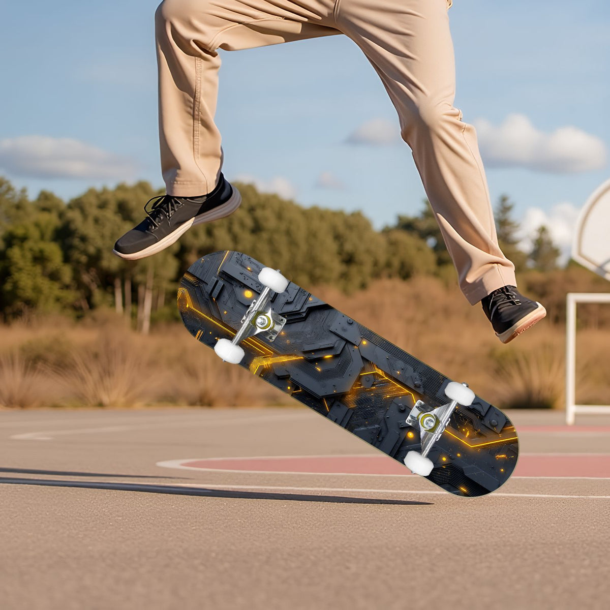Futuristic Glowing Orange Neon Lines Dark Metallic Panels 31" x 8" Complete Skateboard, 7-Ply Canadian Maple Double Kick Trick Board for Kids and Beginners Adult Gifts