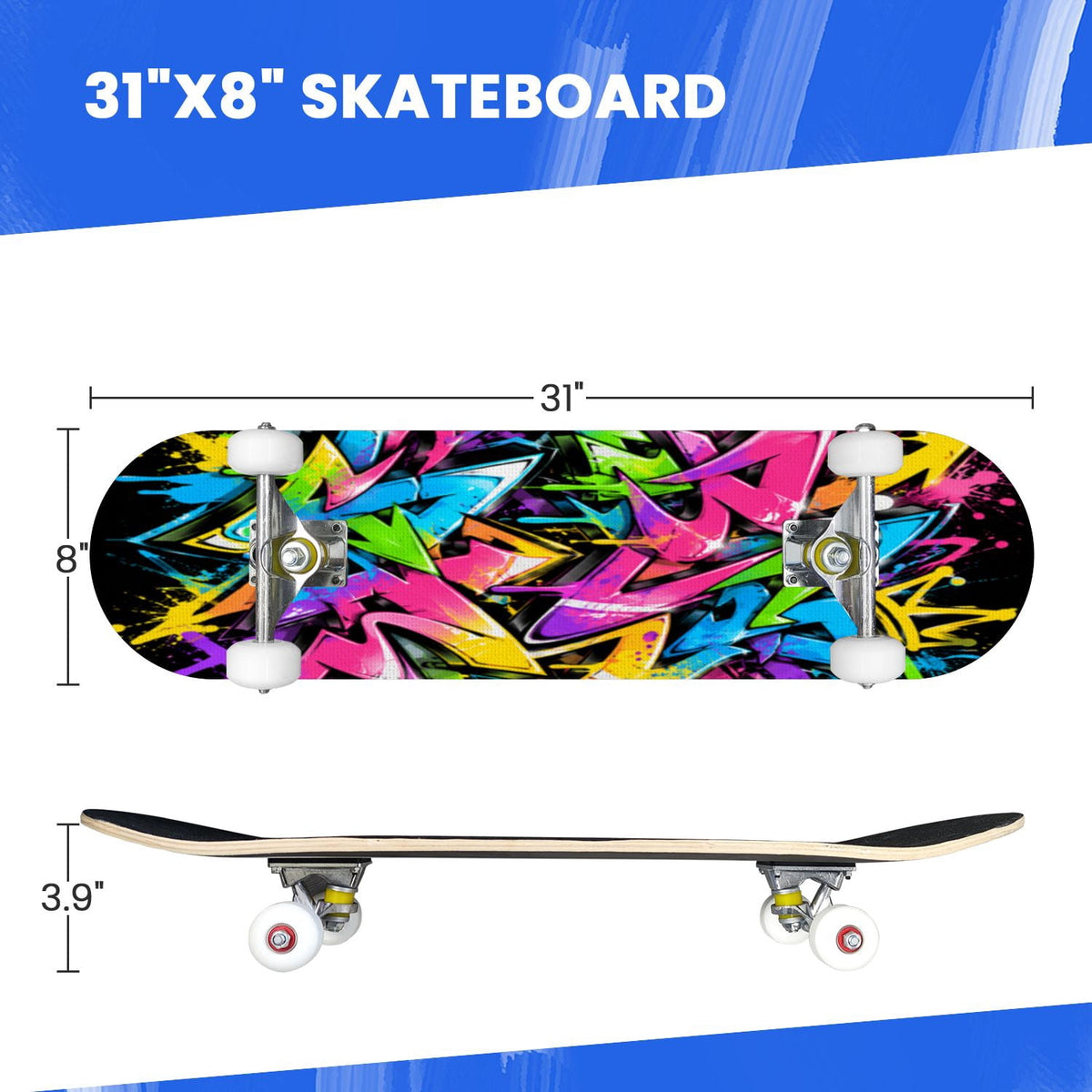 Complete Skateboard Vibrant Multicolored Abstract 31 Inch 7-Ply Maple Skateboard with PU Wheels and Aluminum Trucks, Ready-to-Ride Skateboard for Beginners, Teens and Adults