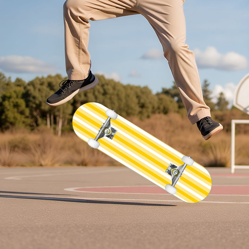 Yellow White Vertical Striped Soft Gradient Lines Minimalist Design 31" x 8" Complete Skateboard, 7-Ply Canadian Maple Double Kick Trick Board for Kids and Beginners Adult Gifts