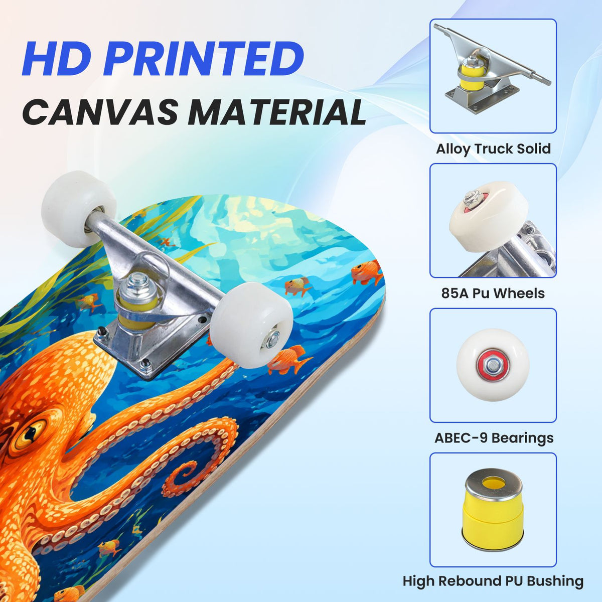31"x8" Complete Skateboards for Beginners, Colorful Cosmic Octopus Tentacles Starry Marine Life Double Kick 7 Ply Canadian Maple Deck Skateboard with Wheels, Gifts for Kids Teens