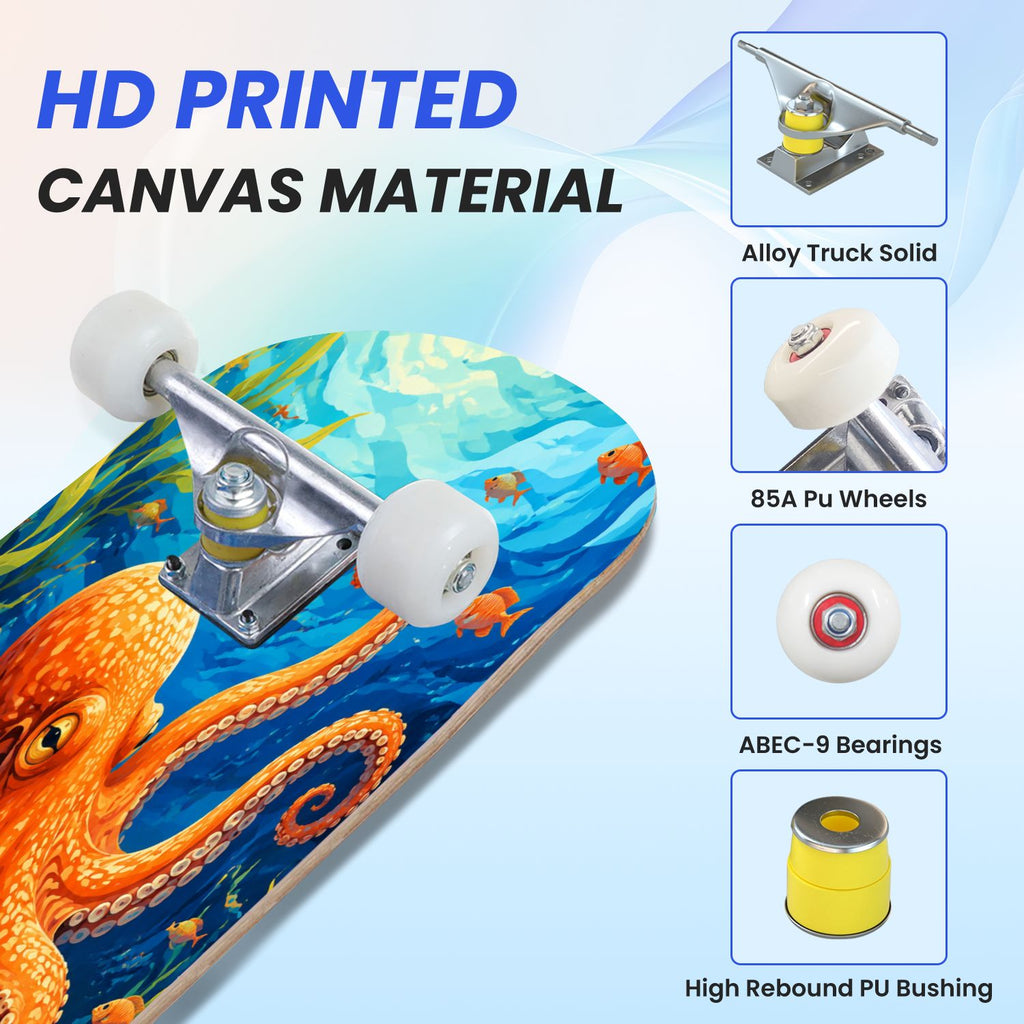 31"x8" Complete Skateboards for Beginners, Colorful Underwater Two Seahorses Coral Reefs Double Kick 7 Ply Canadian Maple Deck Skateboard with Wheels, Gifts for Kids Teens