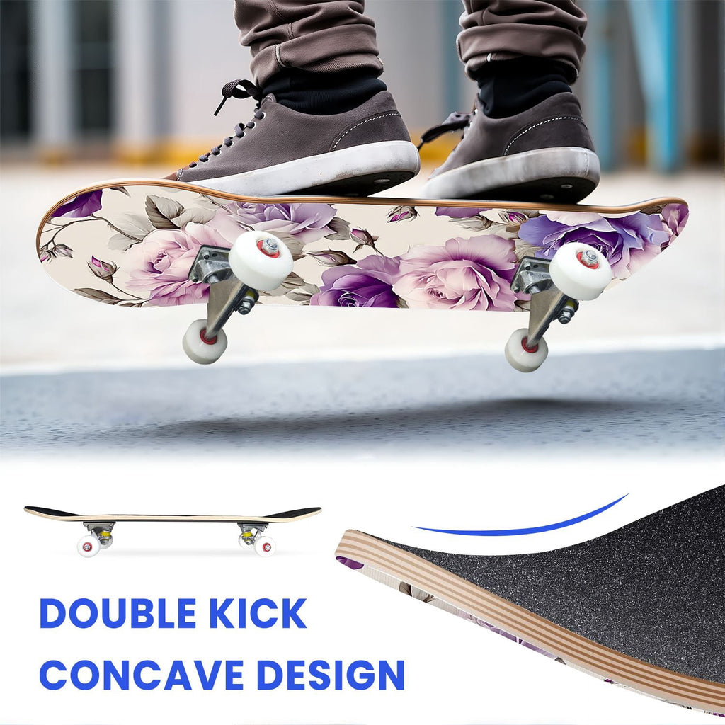 31"x8" Complete Skateboards for Beginners, Elegant Floral Pink Roses Blue Butterflies Double Kick 7 Ply Canadian Maple Deck Skateboard with Wheels, Gifts for Kids Teens