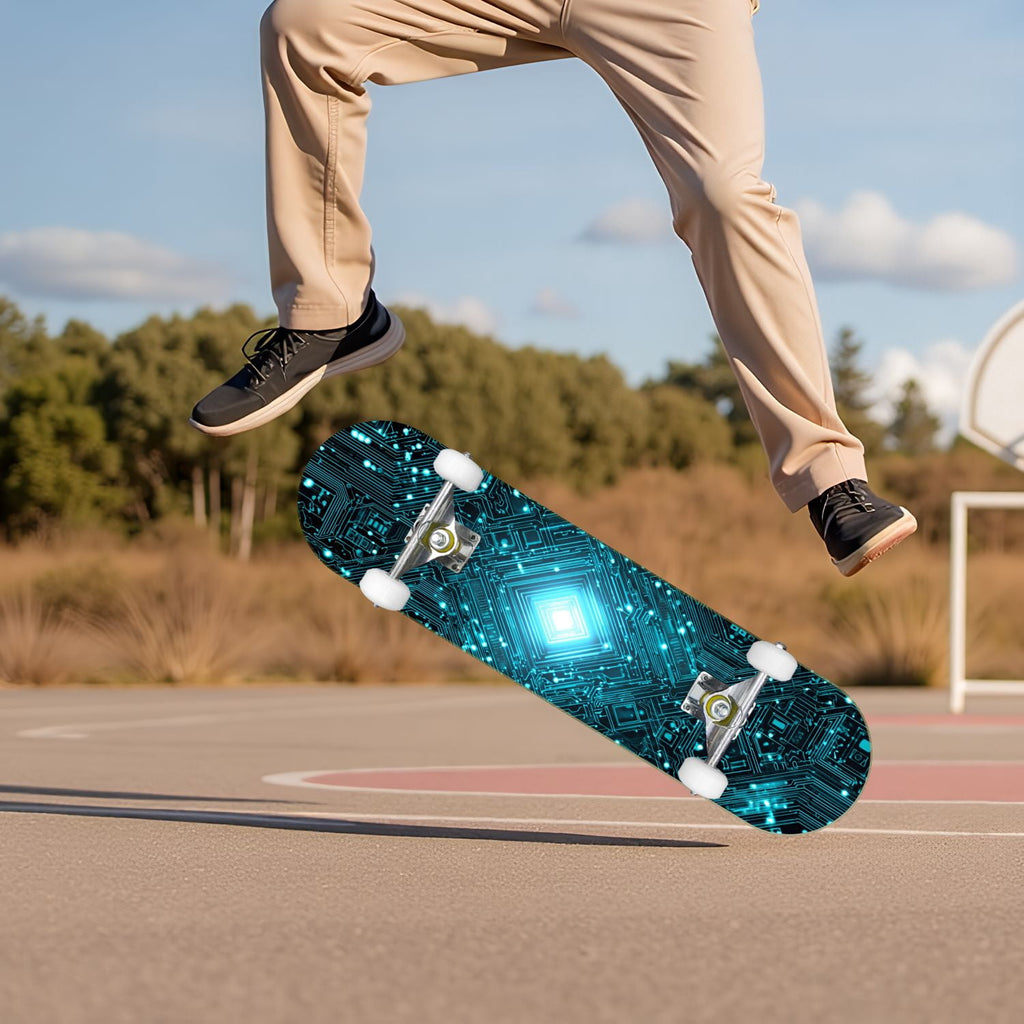 Futuristic Blue Abstract Technology Glowing Core 31" x 8" Complete Skateboard, 7-Ply Canadian Maple Double Kick Trick Board for Kids and Beginners Adult Gifts