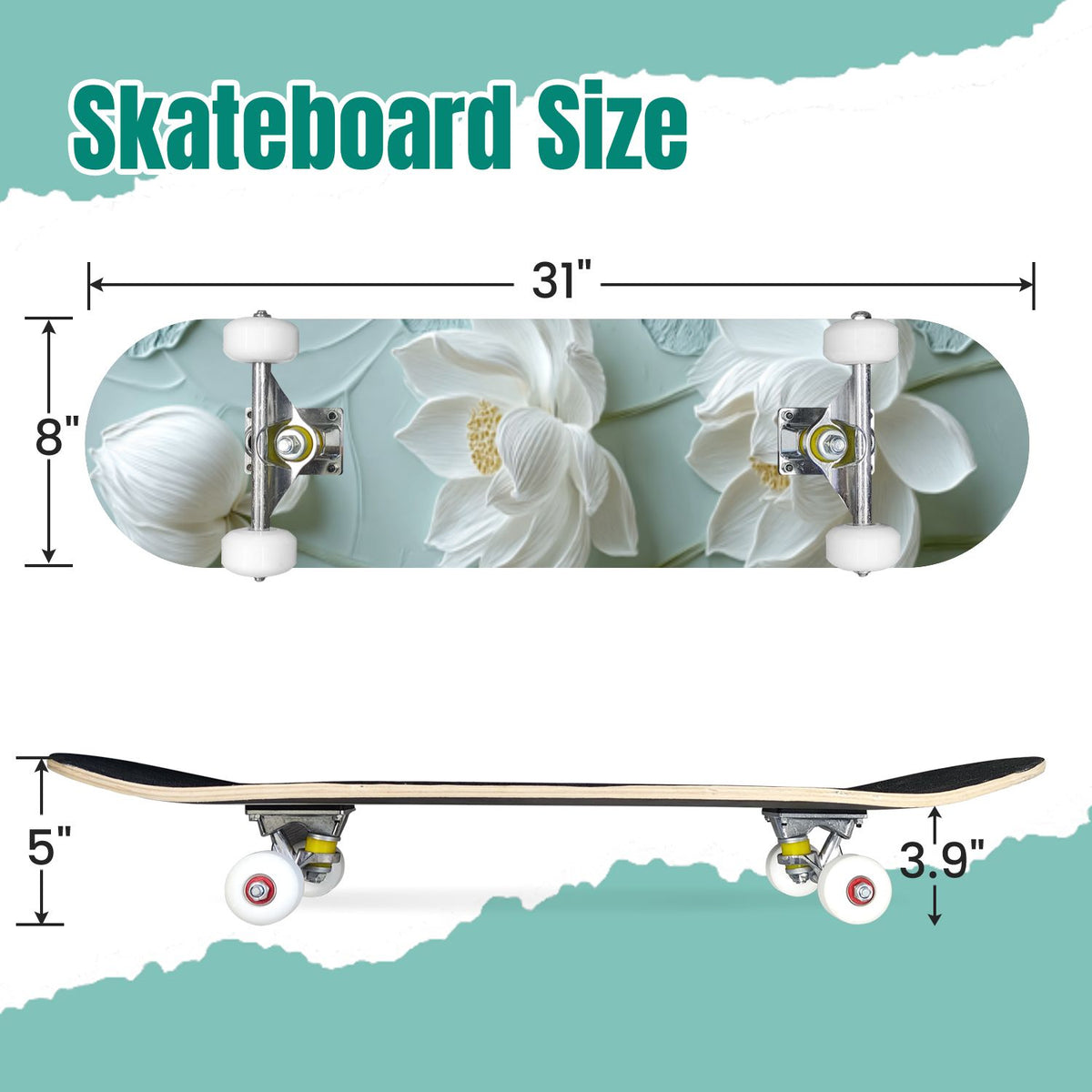 Delicate White Lotus Flowers Leaves Soft Blue 31" x 8" Complete Skateboard, 7-Ply Canadian Maple Double Kick Trick Board for Kids and Beginners Adult Gifts