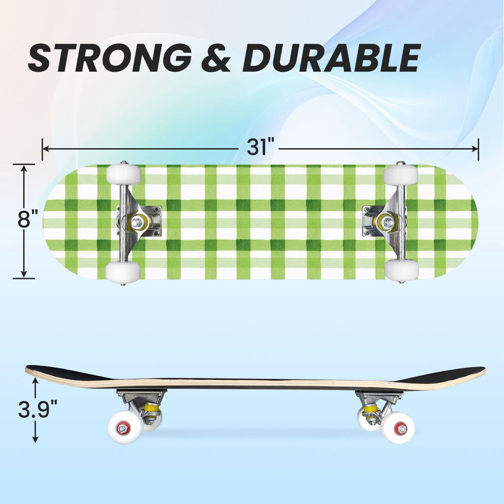 31"x8" Complete Skateboards for Beginners,Green White Plaid Checkered Watercolor Double Kick 7 Ply Canadian Maple Deck Skateboard with Wheels, Gifts for Kids Teens