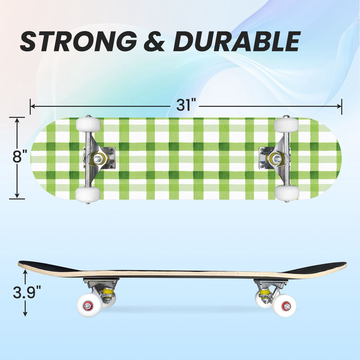 31"x8" Complete Skateboards for Beginners,Green White Plaid Checkered Watercolor Double Kick 7 Ply Canadian Maple Deck Skateboard with Wheels, Gifts for Kids Teens