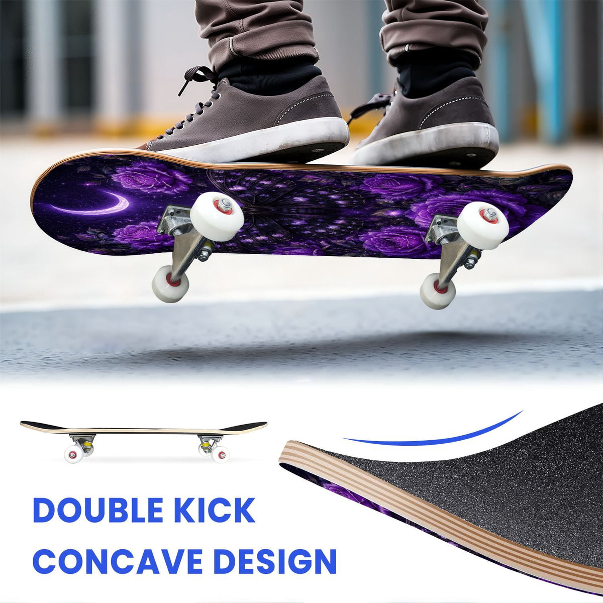 31"x8" Complete Skateboards for Beginners, Mystical Purple Butterfly Glowing Mushrooms Under Full Moon Double Kick 7 Ply Canadian Maple Deck Skateboard with Wheels, Gifts for Kids Teens