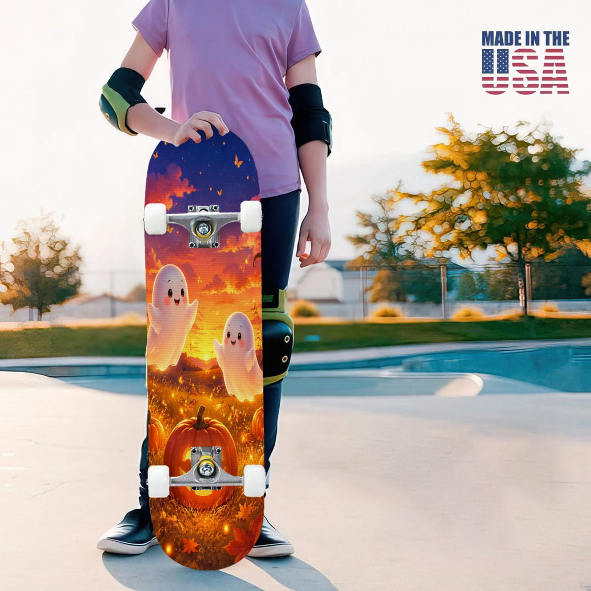 31"x8" Complete Skateboards for Beginners,Halloween Black Cats Pumpkins Ghosts Bats Beige Double Kick 7 Ply Canadian Maple Deck Skateboard with Wheels, Gifts for Kids Teens