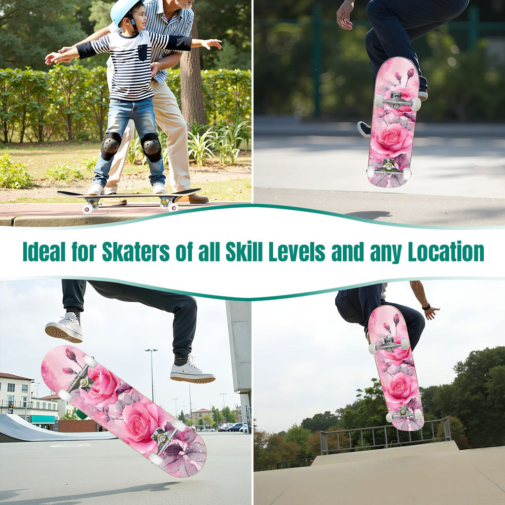 31"x8" Complete Skateboards for Beginners, Elegant Pink Red Roses Green Leaves Dark Double Kick 7 Ply Canadian Maple Deck Skateboard with Wheels, Gifts for Kids Teens