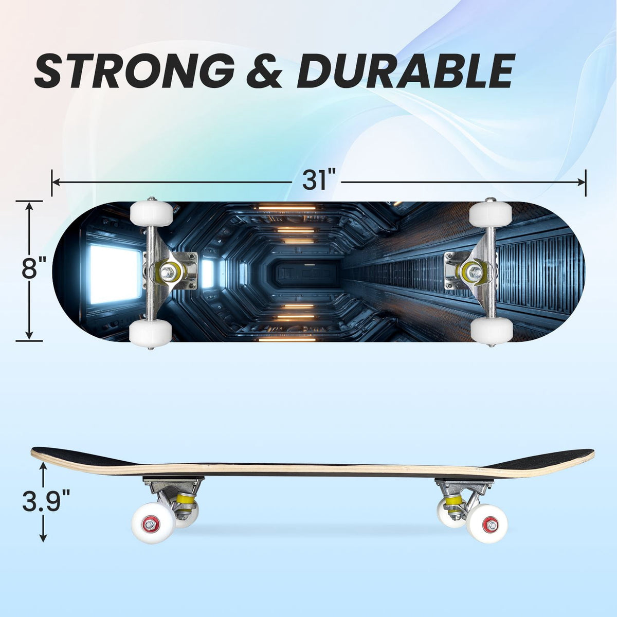 31"x8" Complete Skateboards for Beginners,Black Hexagon Honeycomb Glowing Blue Accents Double Kick 7 Ply Canadian Maple Deck Skateboard with Wheels, Gifts for Kids Teens