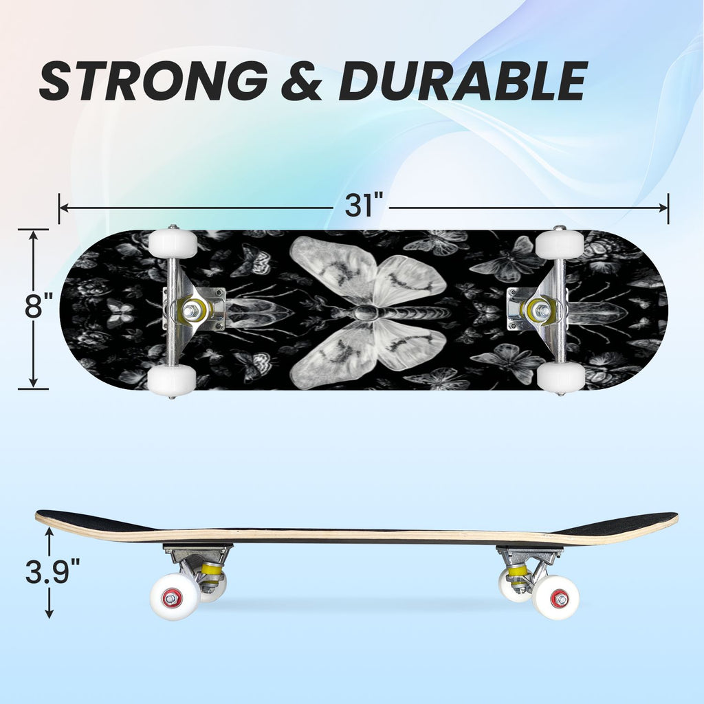 31"x8" Complete Skateboards for Beginners, Ethereal Night Garden Roses Starry Sky Dark Academia Double Kick 7 Ply Canadian Maple Deck Skateboard with Wheels, Gifts for Kids Teens