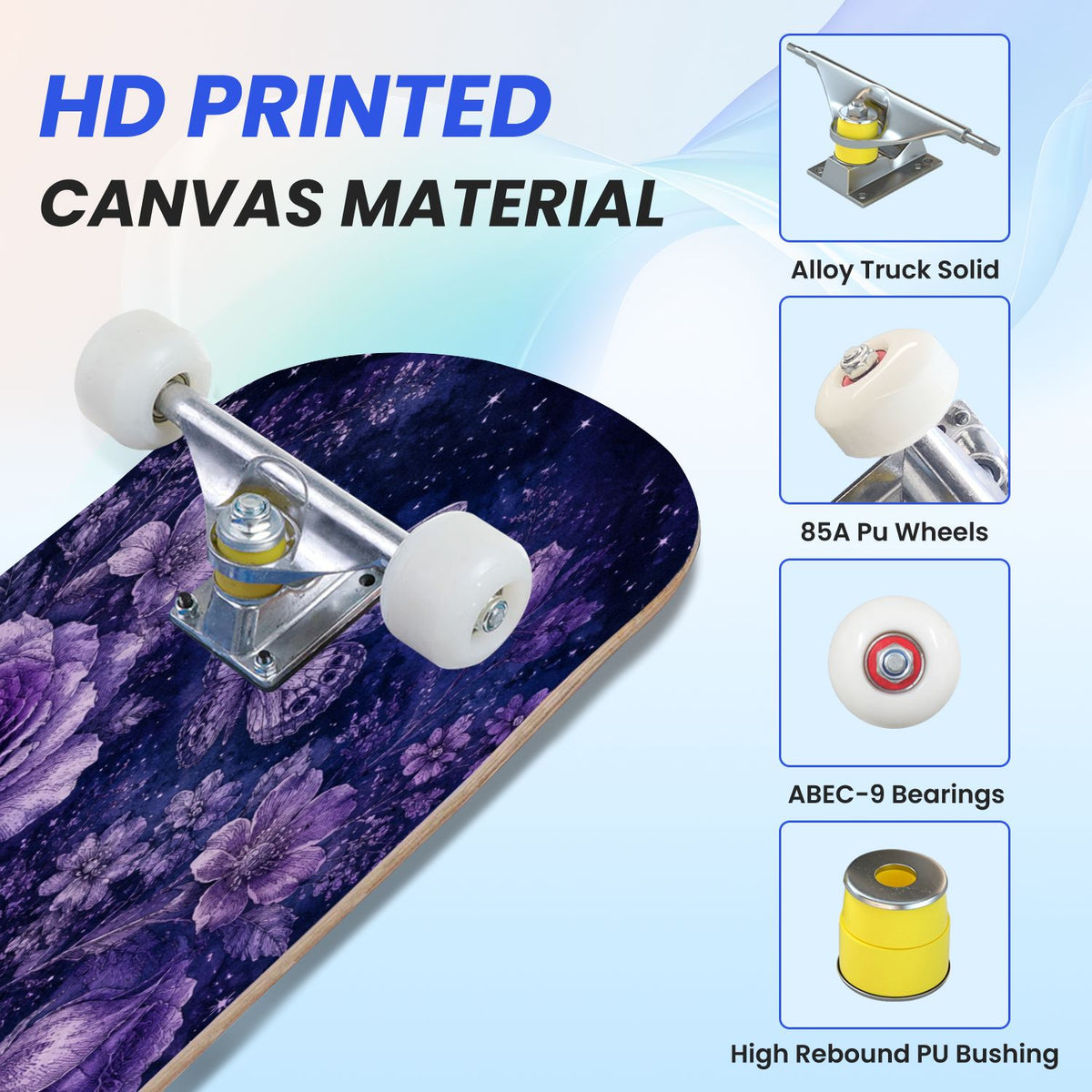 31"x8" Complete Skateboards for Beginners, Purple Floral Roses Butterfly Starry Vintage Botanical Double Kick 7 Ply Canadian Maple Deck Skateboard with Wheels, Gifts for Kids Teens