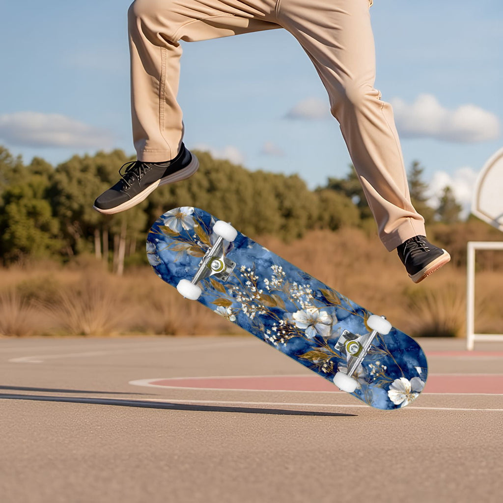 Golden Floral Line Art Seamless 31" x 8" Complete Skateboard, 7-Ply Canadian Maple Double Kick Trick Board for Kids and Beginners Adult Gifts