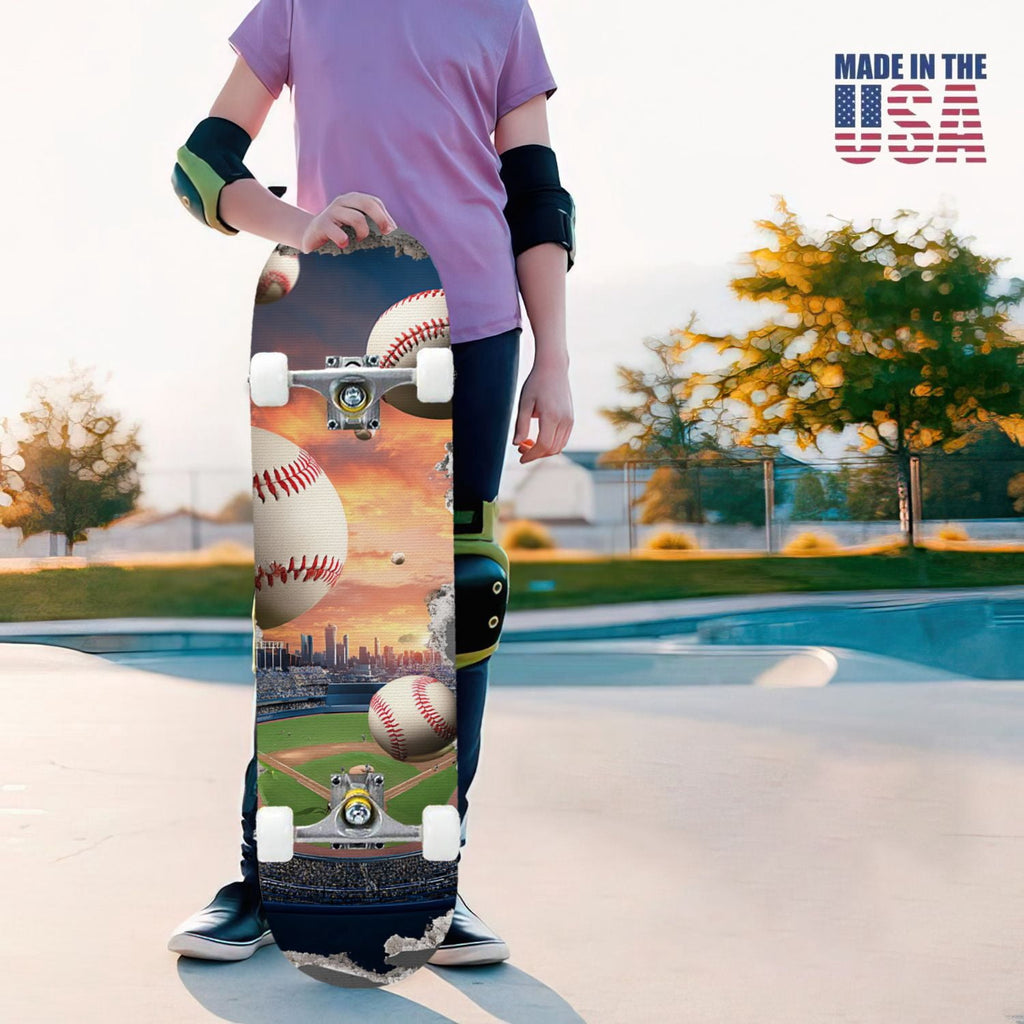 31"x8" Complete Skateboards for Beginners,baseball stadium giant baseballs sunset sky Double Kick 7 Ply Canadian Maple Deck Skateboard with Wheels, Gifts for Kids Teens
