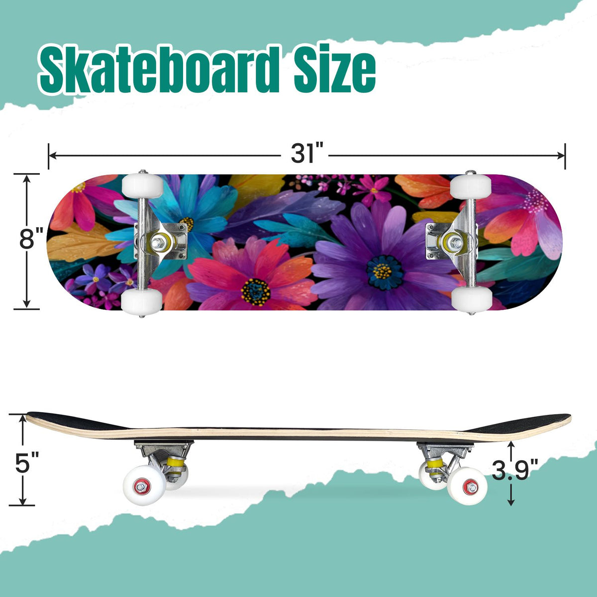 Golden Floral Line Art Seamless 31" x 8" Complete Skateboard, 7-Ply Canadian Maple Double Kick Trick Board for Kids and Beginners Adult Gifts