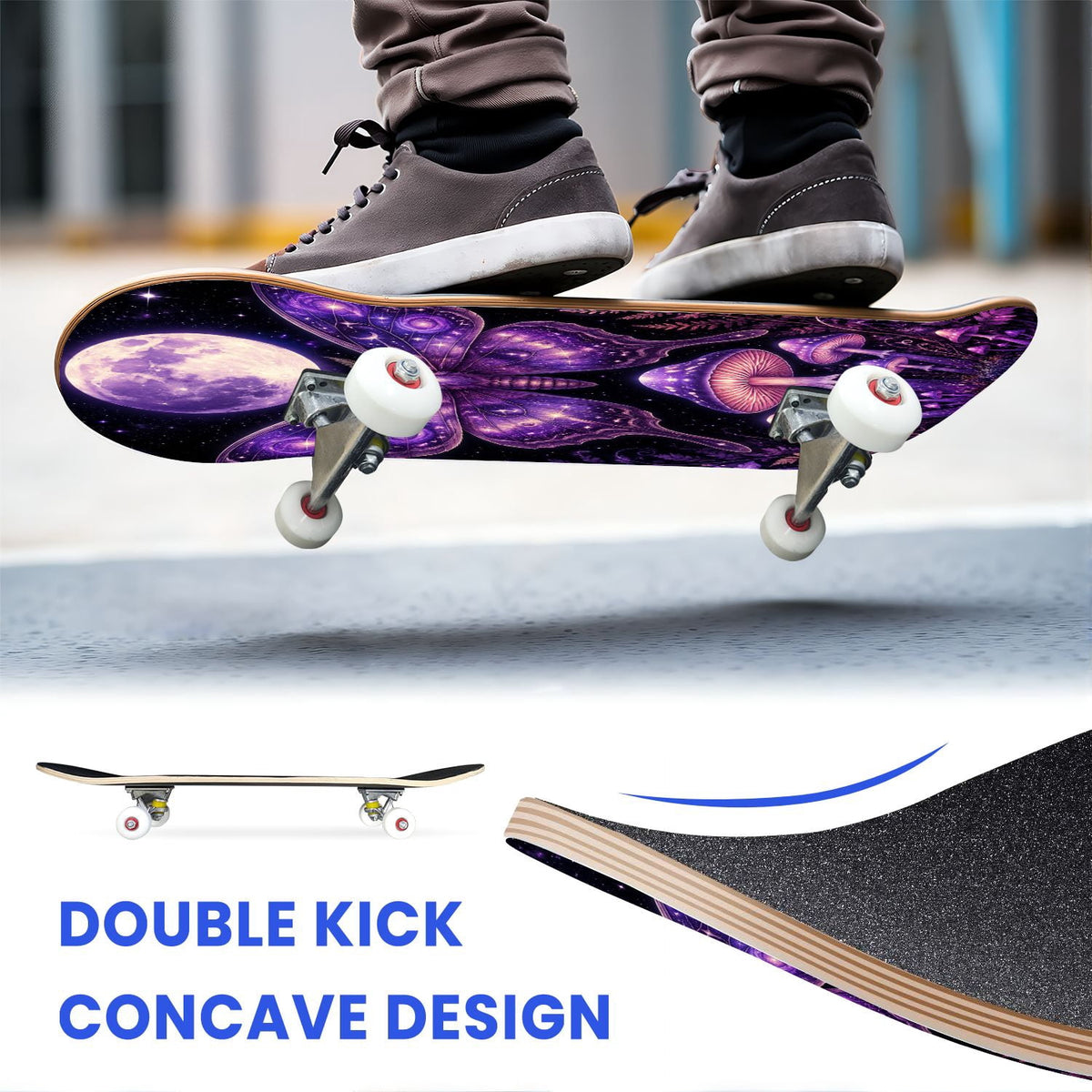 31"x8" Complete Skateboards for Beginners, Purple Floral Roses Butterfly Starry Vintage Botanical Double Kick 7 Ply Canadian Maple Deck Skateboard with Wheels, Gifts for Kids Teens