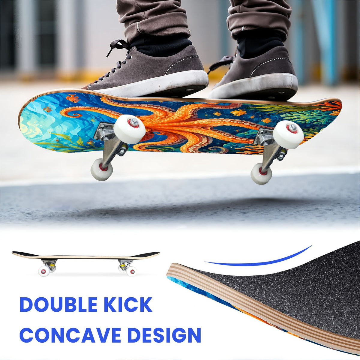 31"x8" Complete Skateboards for Beginners, Colorful Cosmic Octopus Tentacles Starry Marine Life Double Kick 7 Ply Canadian Maple Deck Skateboard with Wheels, Gifts for Kids Teens