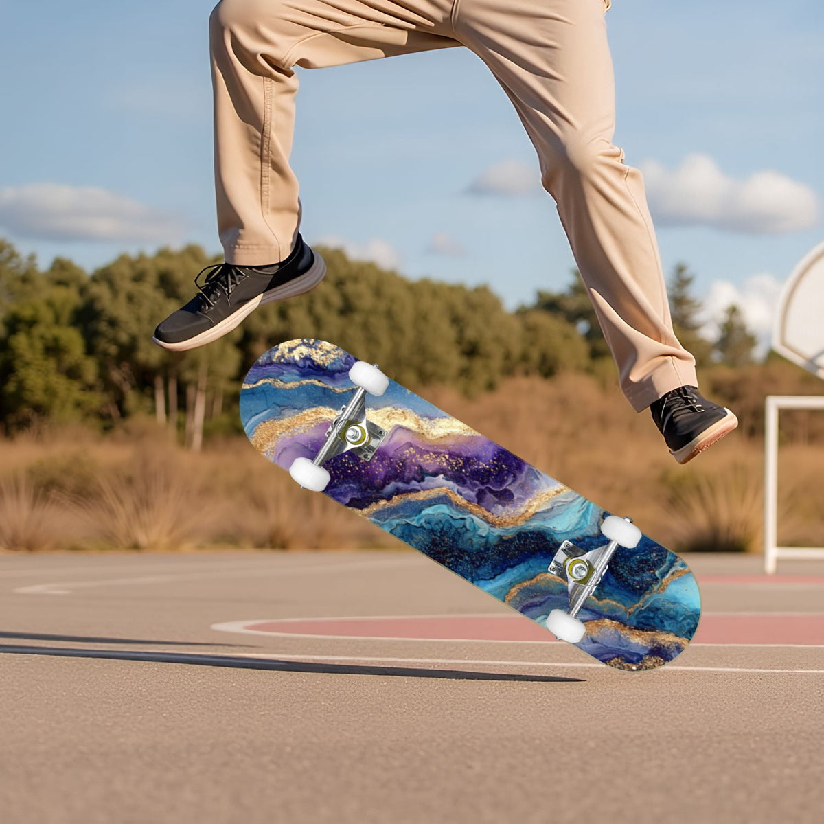 Golden Floral Line Art Seamless 31" x 8" Complete Skateboard, 7-Ply Canadian Maple Double Kick Trick Board for Kids and Beginners Adult Gifts