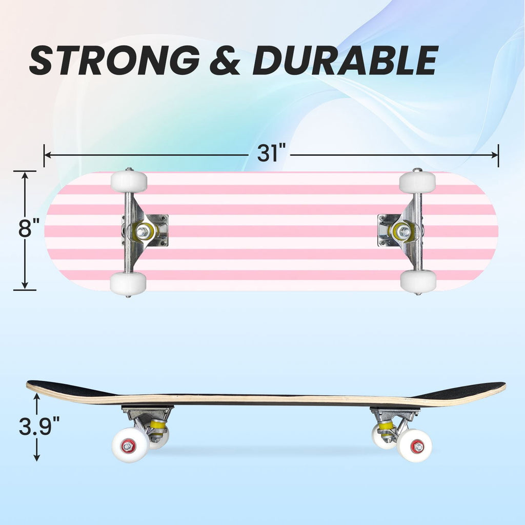31"x8" Complete Skateboards for Beginners,Vibrant Diagonal Rainbow Gradient Abstract Art Double Kick 7 Ply Canadian Maple Deck Skateboard with Wheels, Gifts for Kids Teens