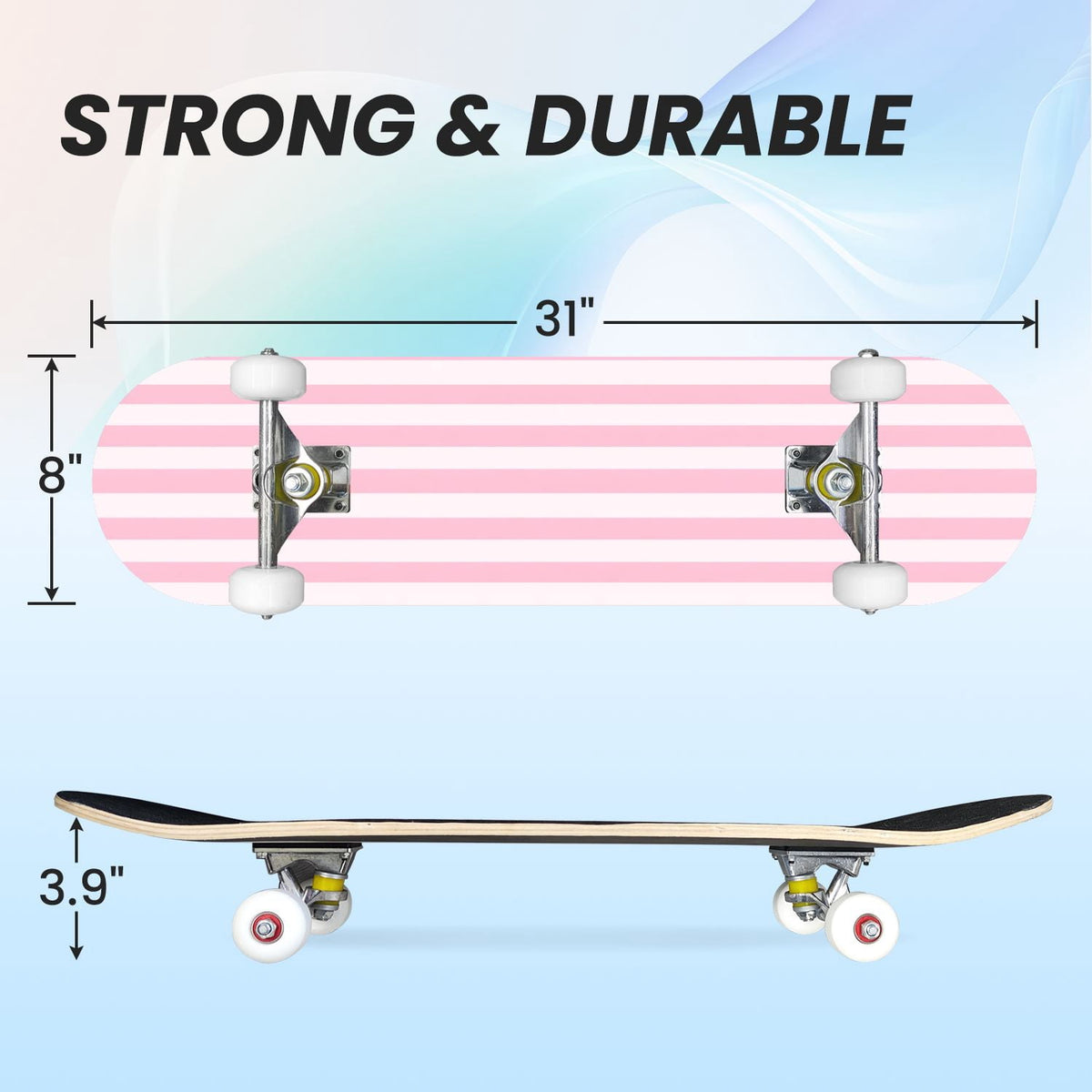 31"x8" Complete Skateboards for Beginners,Vibrant Diagonal Rainbow Gradient Abstract Art Double Kick 7 Ply Canadian Maple Deck Skateboard with Wheels, Gifts for Kids Teens