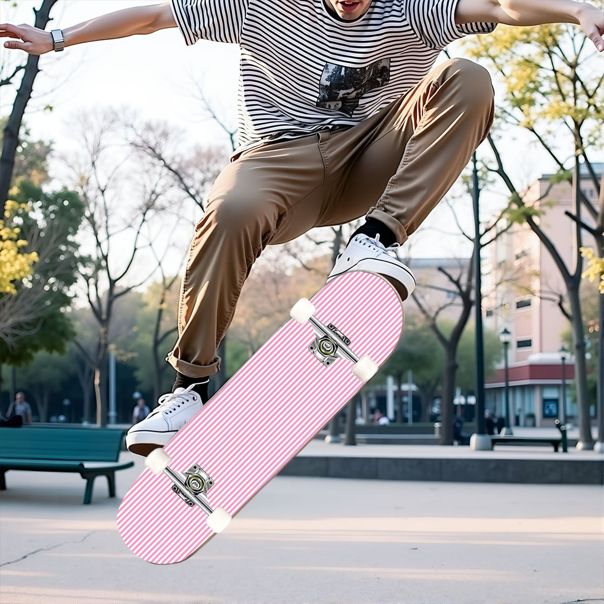 31"x8" Complete Skateboards for Beginners, Pink Floral Striped Delicate Leaves Flowers Botanical Double Kick 7 Ply Canadian Maple Deck Skateboard with Wheels, Gifts for Girls Teens