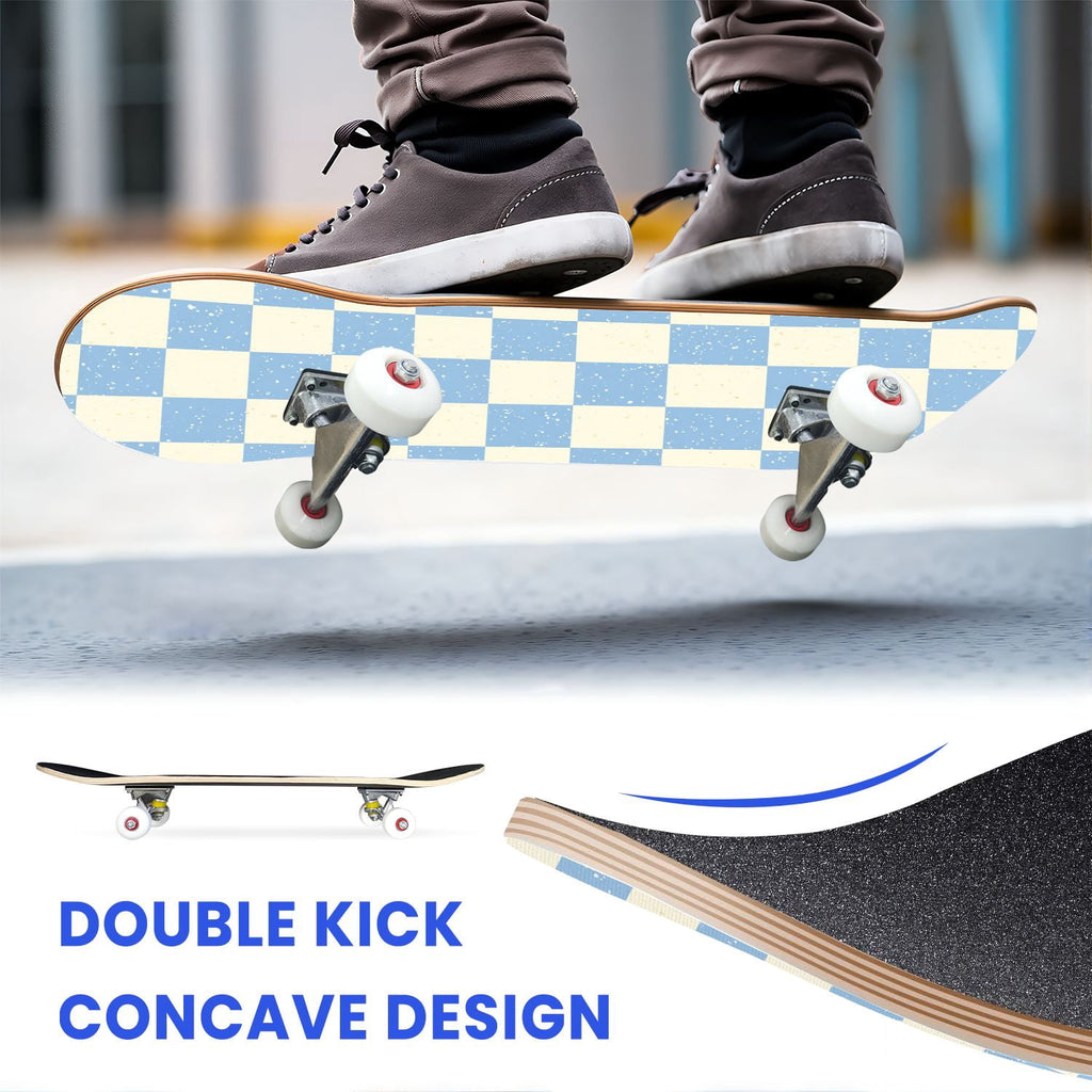 31"x8" Complete Skateboards for Beginners,Pink White Gingham Checkered Subtle Double Kick 7 Ply Canadian Maple Deck Skateboard with Wheels, Gifts for Kids Teens
