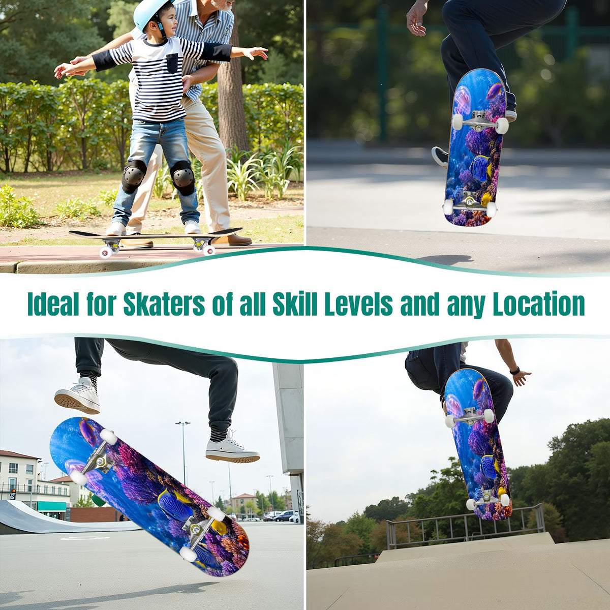 31"x8" Complete Skateboards for Beginners, Colorful Underwater Two Seahorses Coral Reefs Double Kick 7 Ply Canadian Maple Deck Skateboard with Wheels, Gifts for Kids Teens