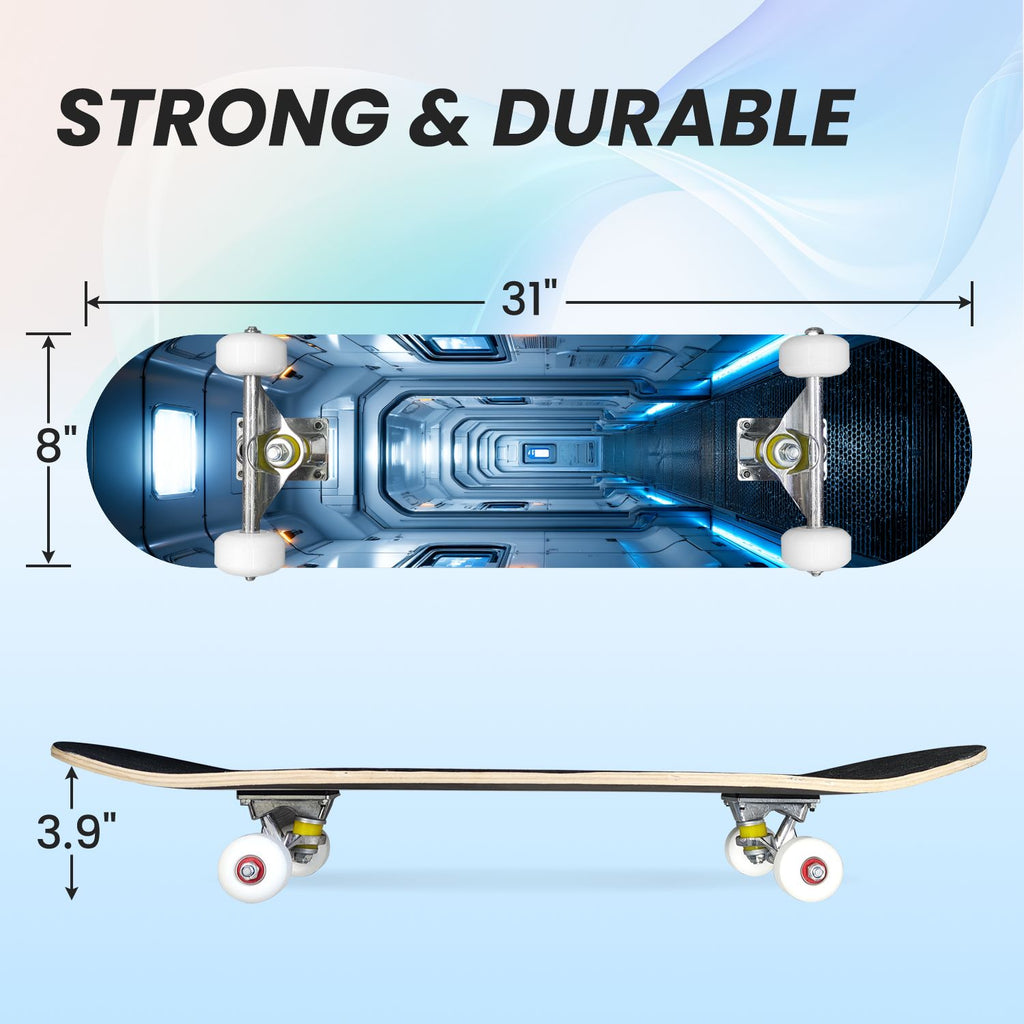 31"x8" Complete Skateboards for Beginners,Hexagon neon blue glow futuristic Double Kick 7 Ply Canadian Maple Deck Skateboard with Wheels, Gifts for Kids Teens