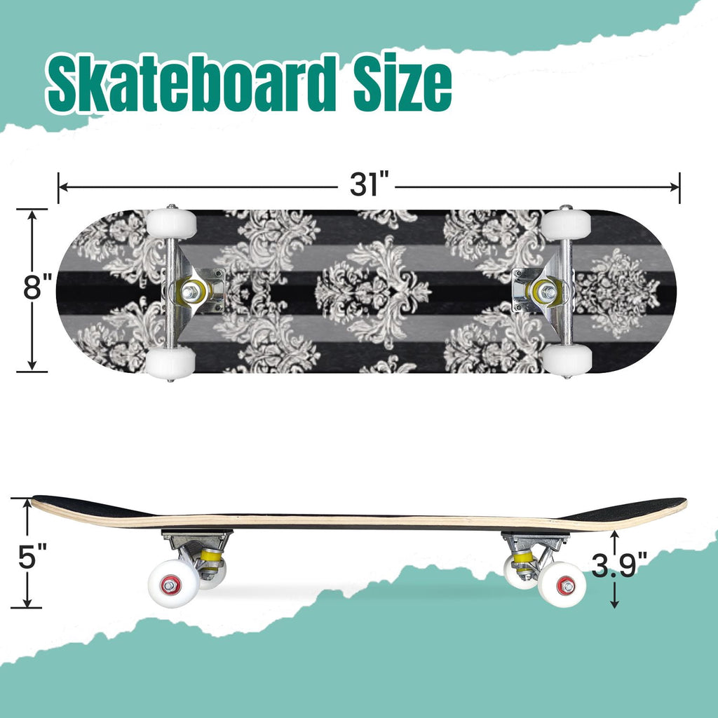 Elegant Purple Damask 31" x 8" Complete Skateboard, 7-Ply Canadian Maple Double Kick Trick Board for Kids and Beginners Adult Gifts