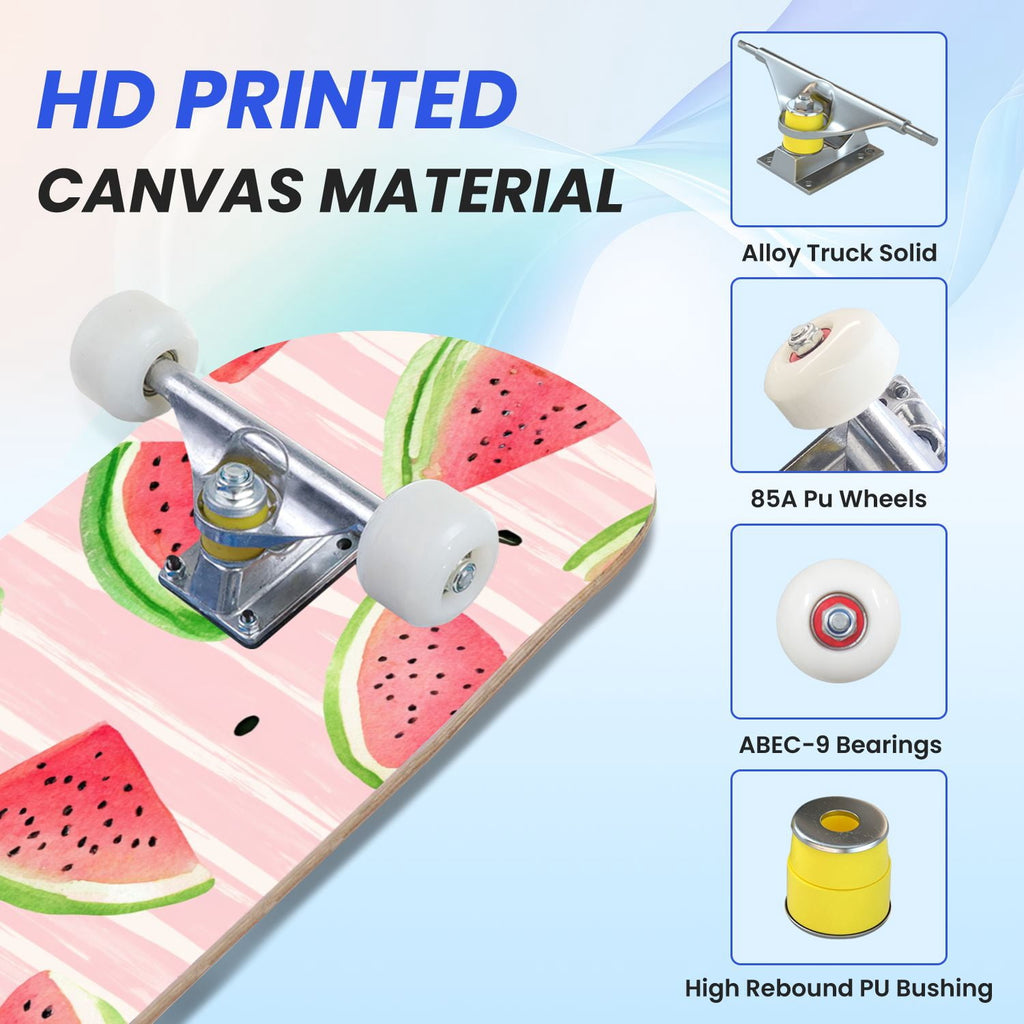 31"x8" Complete Skateboards for Beginners,Watercolor Watermelon Slices Pink Striped Double Kick 7 Ply Canadian Maple Deck Skateboard with Wheels, Gifts for Kids Teens