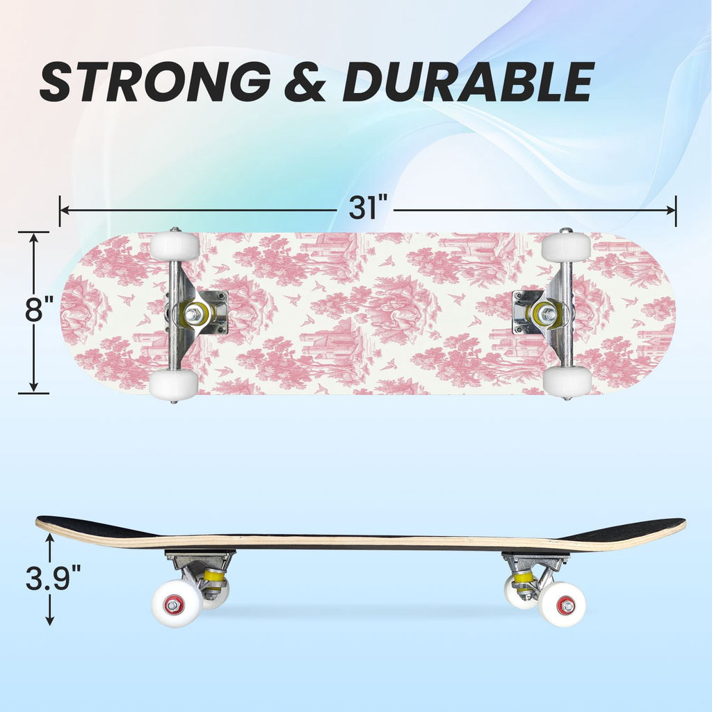 31"x8" Complete Skateboards for Beginners, Pink Floral Ribbon Roses Bows White Double Kick 7 Ply Canadian Maple Deck Skateboard with Wheels, Gifts for Girls Teens