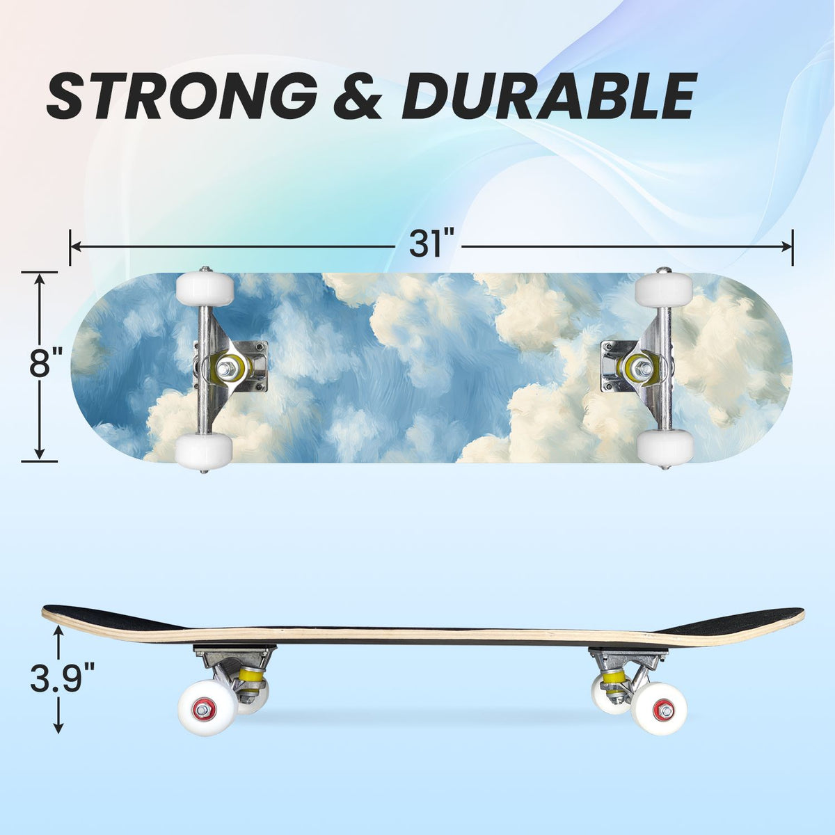 31"x8" Complete Skateboards for Beginners, Pastel Sky Fluffy Clouds Pink Purple Blue Summer Decor Double Kick 7 Ply Canadian Maple Deck Skateboard with Wheels, Gifts for Kids Teens