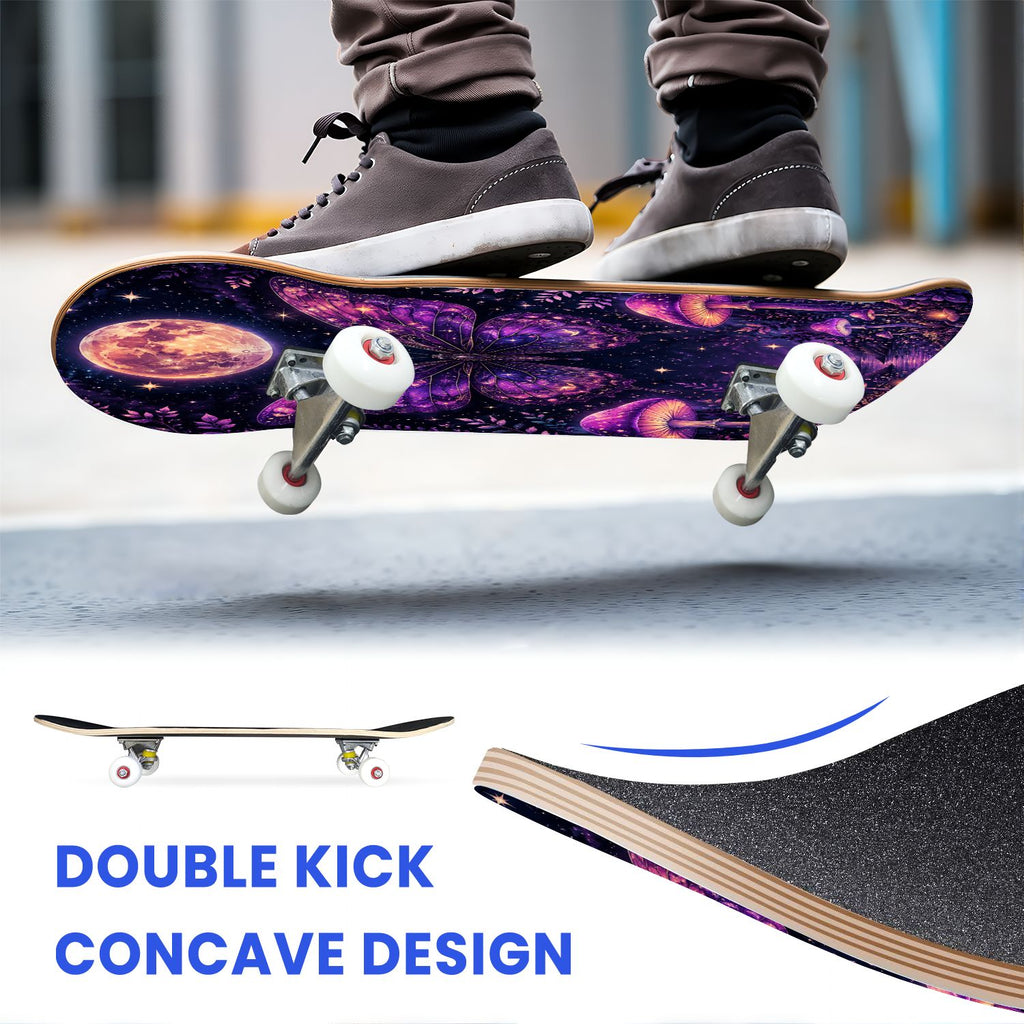 31"x8" Complete Skateboards for Beginners, Glowing Bioluminescent Mushrooms Mystical Forest Double Kick 7 Ply Canadian Maple Deck Skateboard with Wheels, Gifts for Kids Teens
