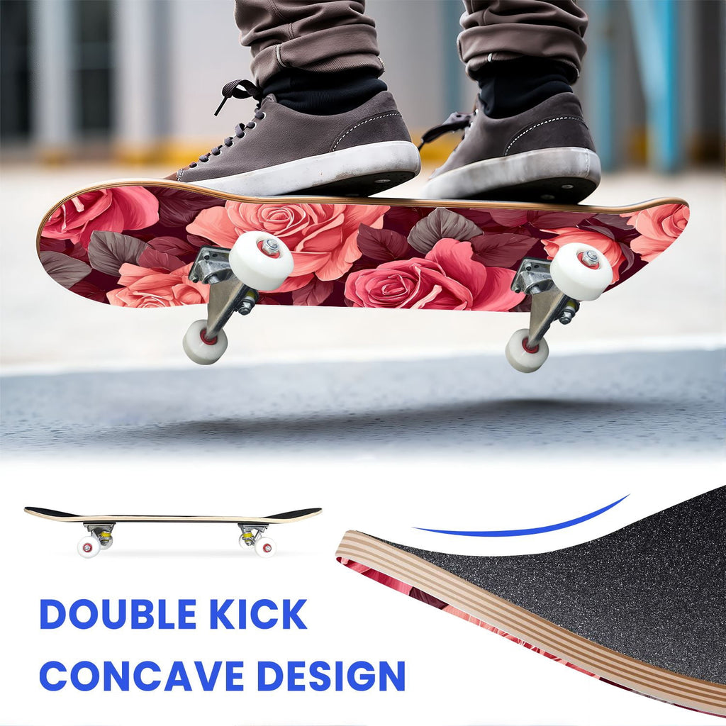 31"x8" Complete Skateboards for Beginners, Elegant Pink Red Roses Green Leaves Dark Double Kick 7 Ply Canadian Maple Deck Skateboard with Wheels, Gifts for Kids Teens