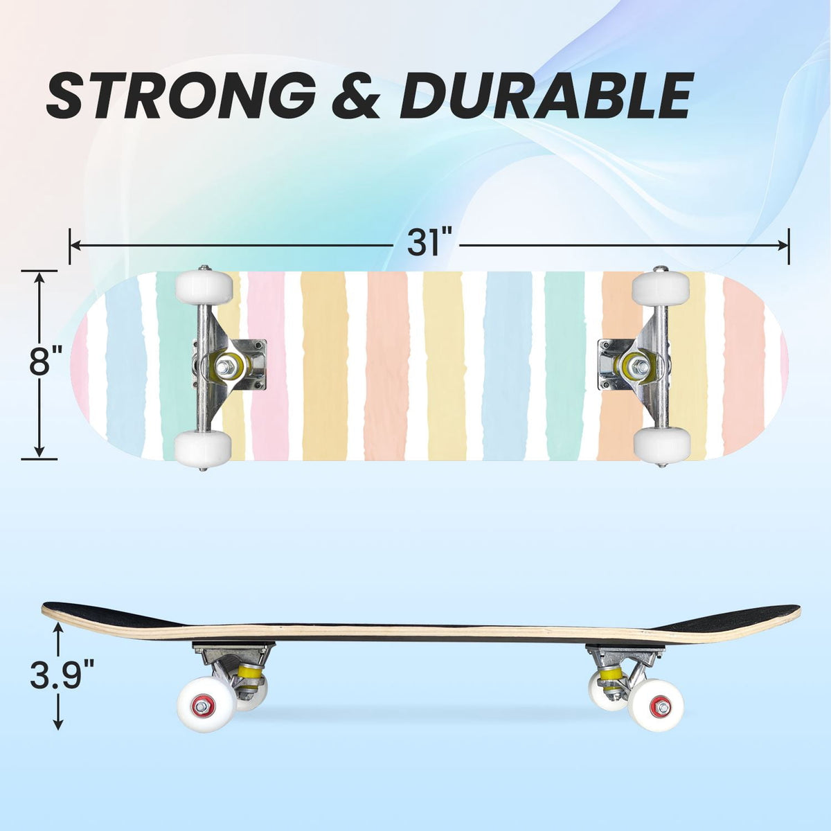 31"x8" Complete Skateboards for Beginners,Pastel Pink Vertical Stripe Minimalist Soft Design Double Kick 7 Ply Canadian Maple Deck Skateboard with Wheels, Gifts for Kids Teens