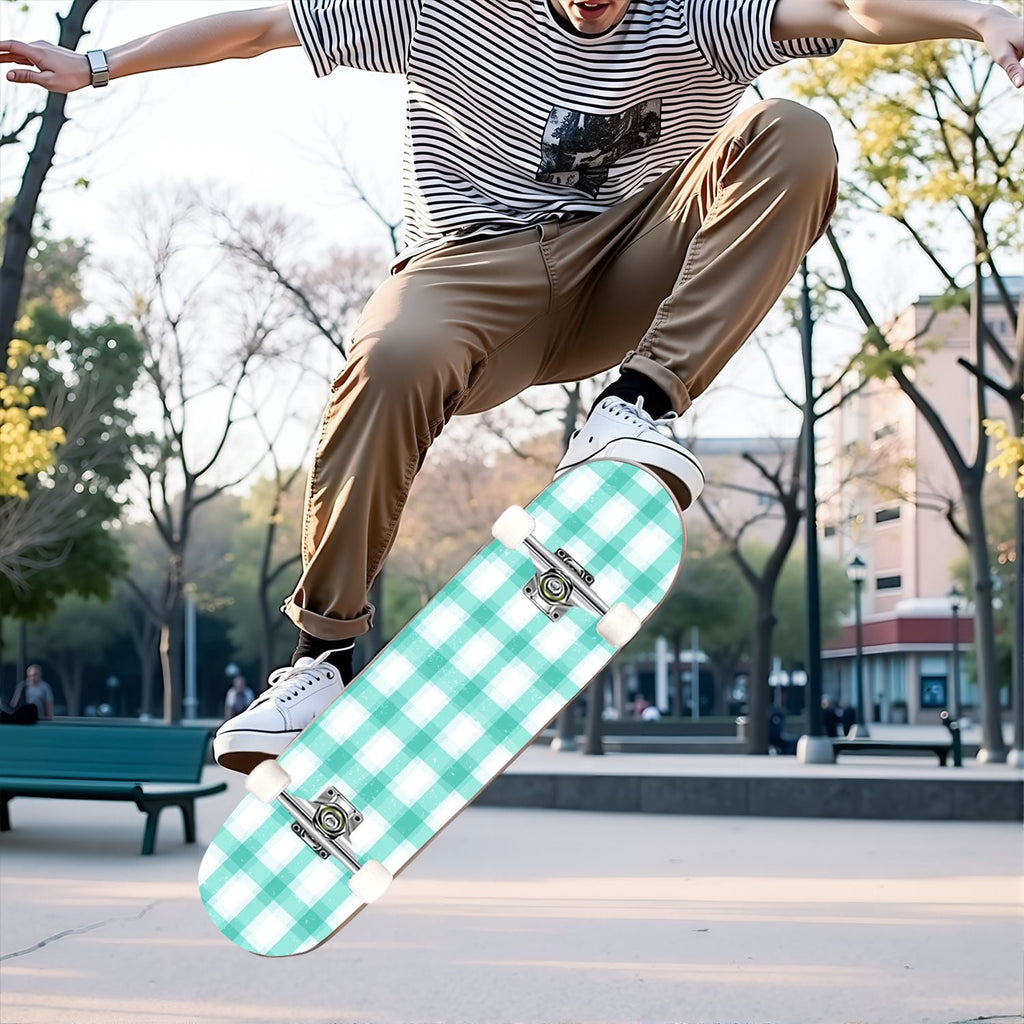 31"x8" Complete Skateboards for Beginners,Green White Plaid Checkered Watercolor Double Kick 7 Ply Canadian Maple Deck Skateboard with Wheels, Gifts for Kids Teens