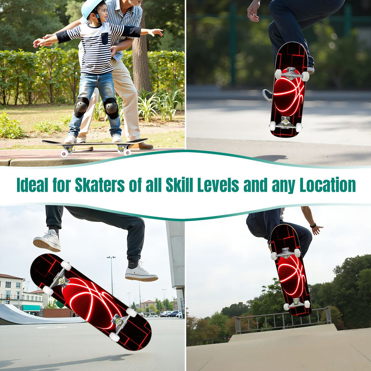 31"x8" Complete Skateboards for Beginners, Honeycomb Futuristic Hexagonal Neon Glowing Orange Light Double Kick 7 Ply Canadian Maple Deck Skateboard with Wheels, Gifts for Kids Teens