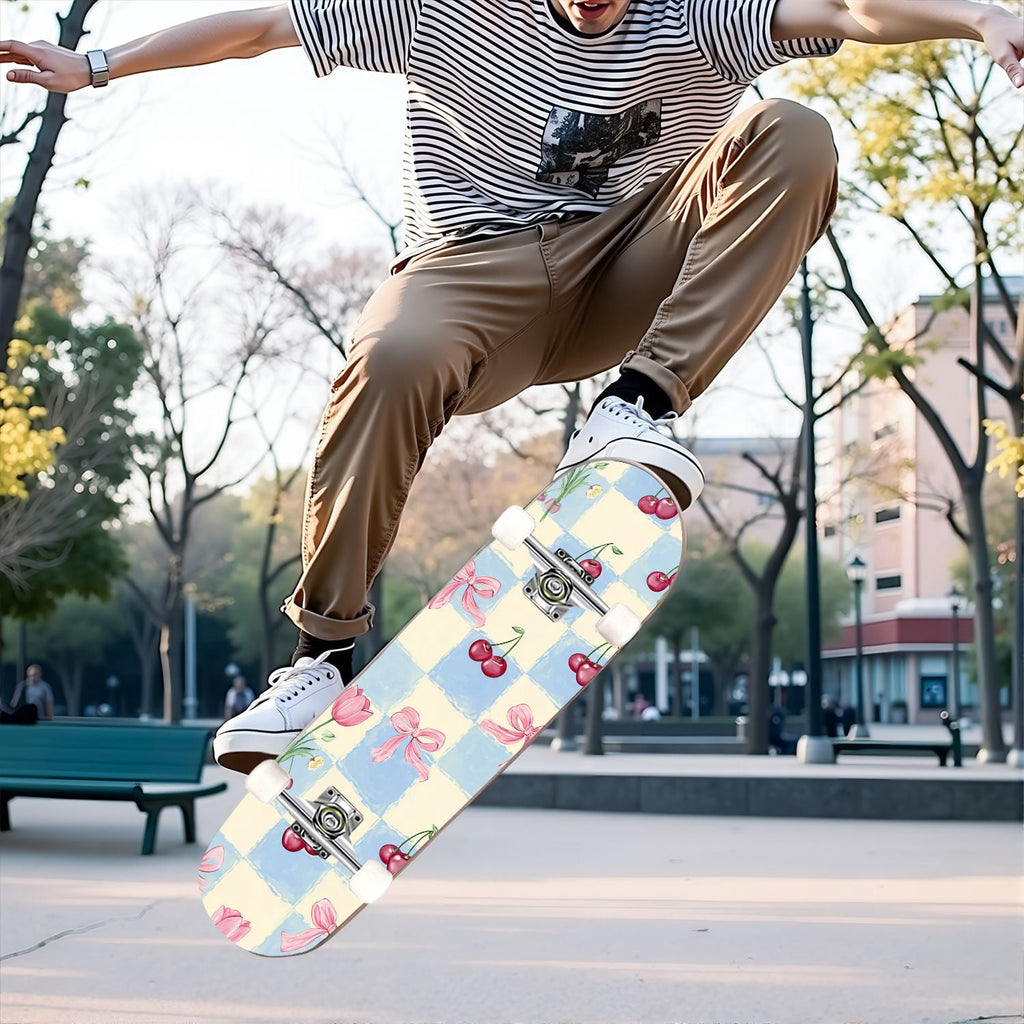 31"x8" Complete Skateboards for Beginners,Mint Green White Plaid Tartan Subtle Double Kick 7 Ply Canadian Maple Deck Skateboard with Wheels, Gifts for Kids Teens