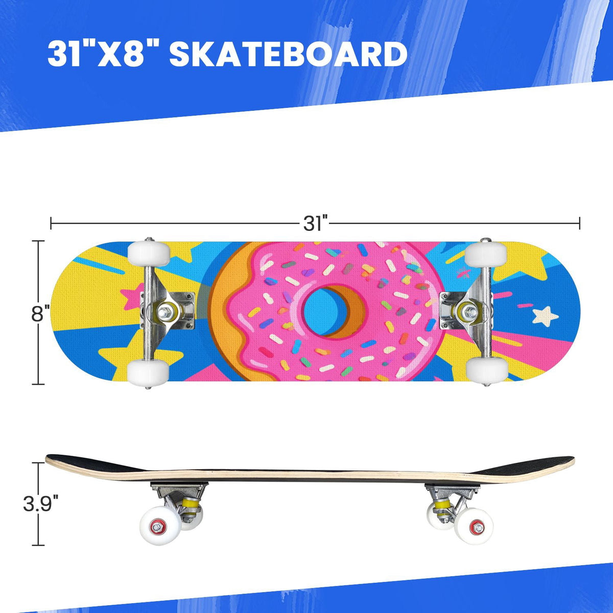 Complete Skateboard Vibrant Comic Eye 31 Inch 7-Ply Maple Skateboard with PU Wheels and Aluminum Trucks, Ready-to-Ride Skateboard for Beginners, Teens and Adults