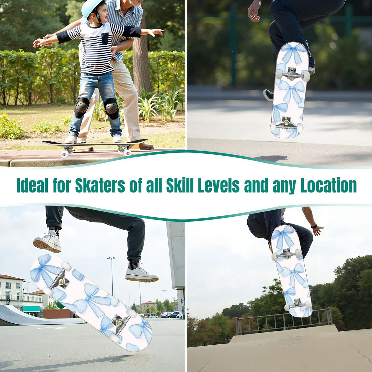 Delicate Pink Floral Ribbon Design 31" x 8" Complete Skateboard, 7-Ply Canadian Maple Double Kick Trick Board for Kids and Beginners Adult Gifts