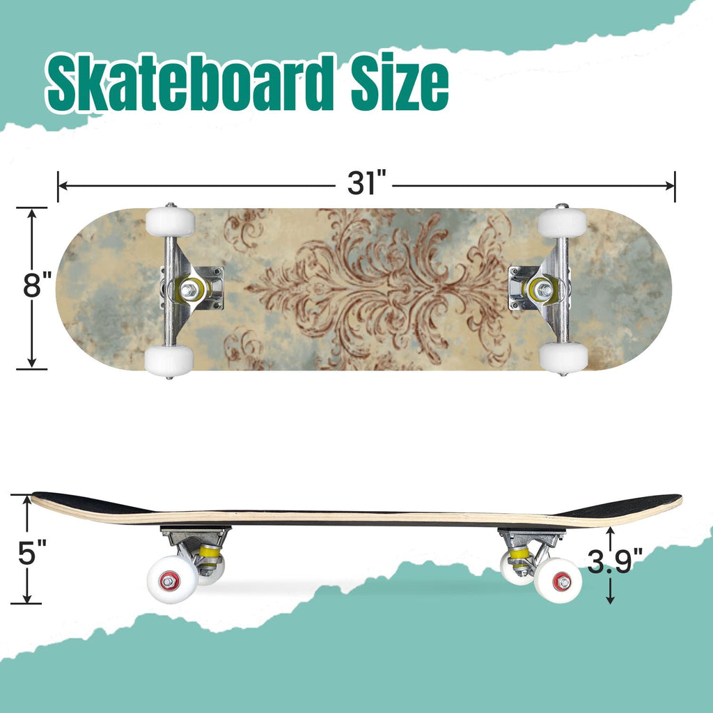 Elegant Purple Damask 31" x 8" Complete Skateboard, 7-Ply Canadian Maple Double Kick Trick Board for Kids and Beginners Adult Gifts