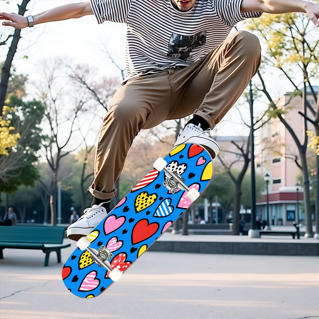 Complete Skateboard Colorful Hearts Graffiti 31 Inch 7-Ply Maple Skateboard with PU Wheels and Aluminum Trucks, Ready-to-Ride Skateboard for Beginners, Teens and Adults