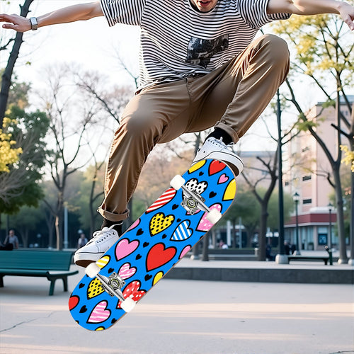Complete Skateboard Colorful Hearts Graffiti 31 Inch 7-Ply Maple Skateboard with PU Wheels and Aluminum Trucks, Ready-to-Ride Skateboard for Beginners, Teens and Adults