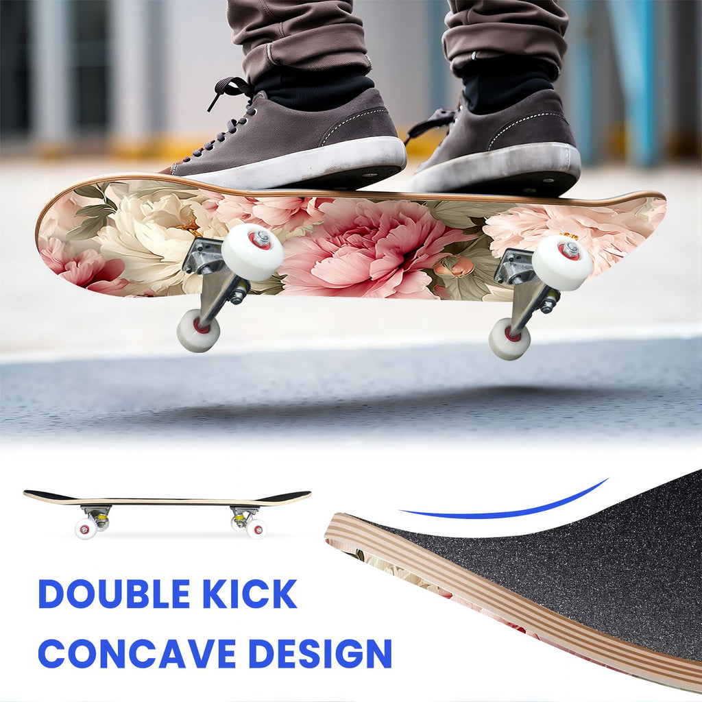 31"x8" Complete Skateboards for Beginners, Elegant Peony Floral Soft Pink White Tones Neutral Double Kick 7 Ply Canadian Maple Deck Skateboard with Wheels, Gifts for Kids Teens