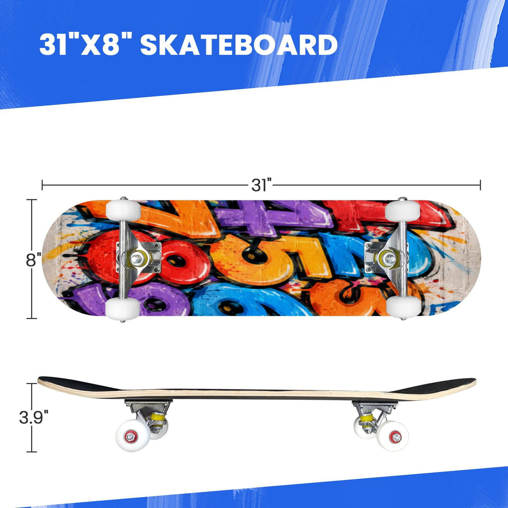 Complete Skateboard Vibrant Multicolored Abstract 31 Inch 7-Ply Maple Skateboard with PU Wheels and Aluminum Trucks, Ready-to-Ride Skateboard for Beginners, Teens and Adults