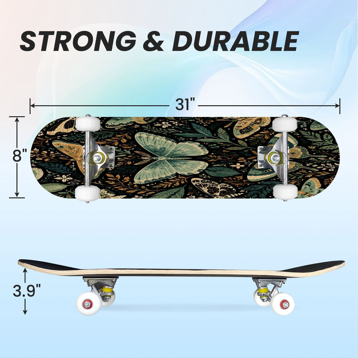 31"x8" Complete Skateboards for Beginners, Butterfly Garden Vintage Botanical Motifs Dark Green Teal Double Kick 7 Ply Canadian Maple Deck Skateboard with Wheels, Gifts for Kids Teens